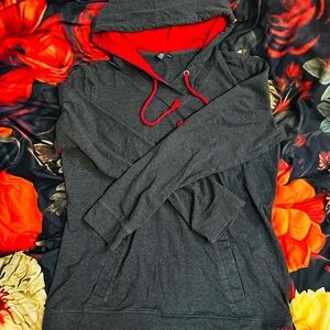 Roots Charcoal jersey Hoodie with Bold Red Interior